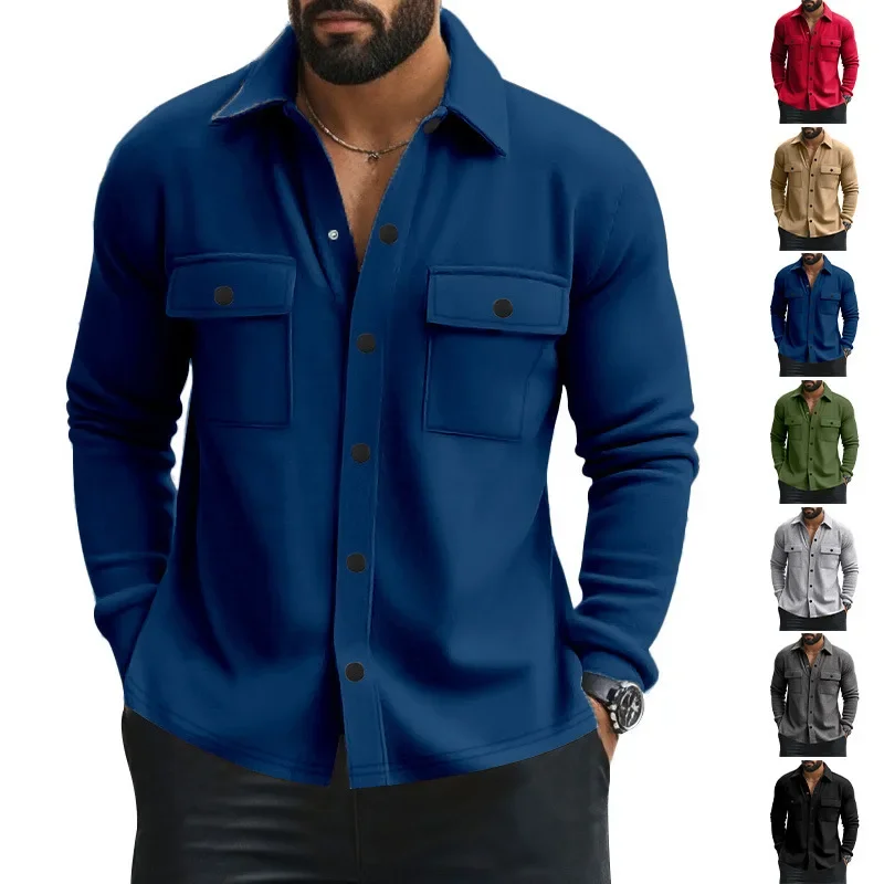 

Men's Slim Fit Fleece Lined Casual Shirt Collar Jacket Single Button Solid Color Autumn Winter Outerwear Comfortable Shirt