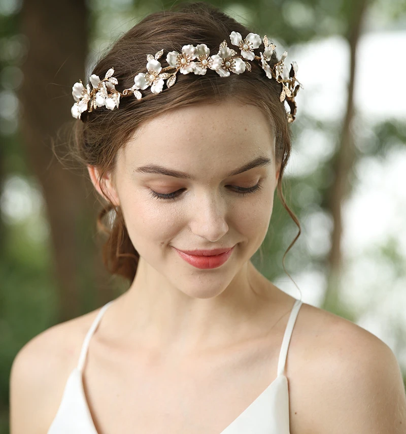 Boho Gold Color Floral Wedding Headband Bridal Hair Crown Leaf Headpiece Hand wired Women Hair Tiara Accessories