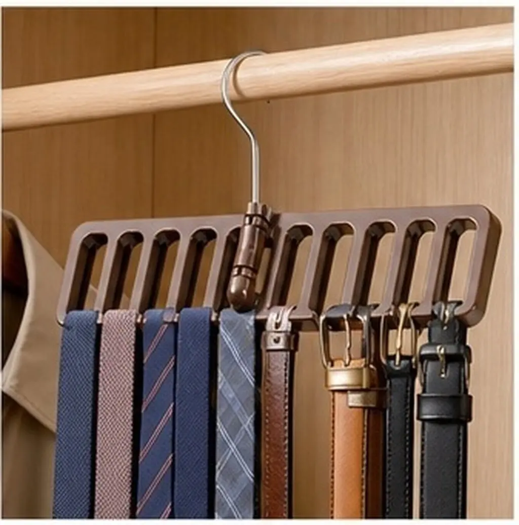 2Pcs Plastic Necktie Hanger with Anti-Slip Arms Holds 10 Ties Belts Scarves Compact Organizer for Closet Wardrobe Bathroom Brown
