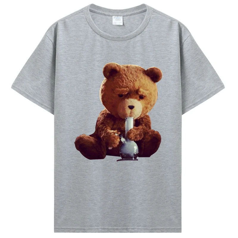 مضحك تيد الدب التدخين بونغ التي شيرت القطن تي شيرت للجنسين تي شيرت موضة اللياقة البدنية قصيرة الأكمام بلوزات مستديرة العنق ملابس للرجال