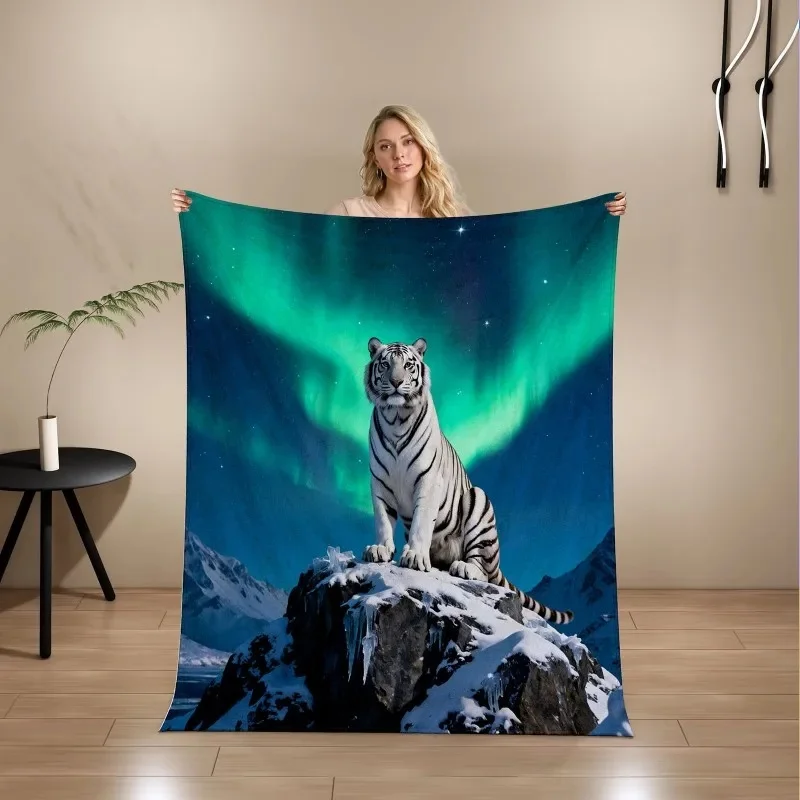 Lightweight Flannel Nap Blanket with White Tiger Aurora Scene, Plush Warm Cover for Sofa, Bedroom and Indoor Relax