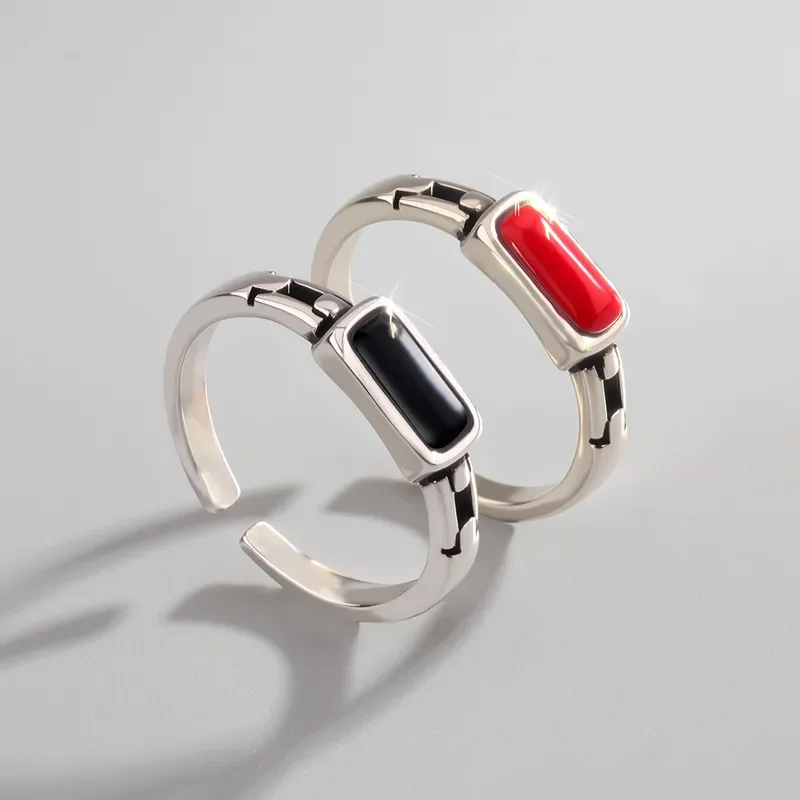 Retro Imitation Nanhong Ring Women Niche High End Chain Index Finger Ring Fashionable Simple Imitation Thai Silver Black