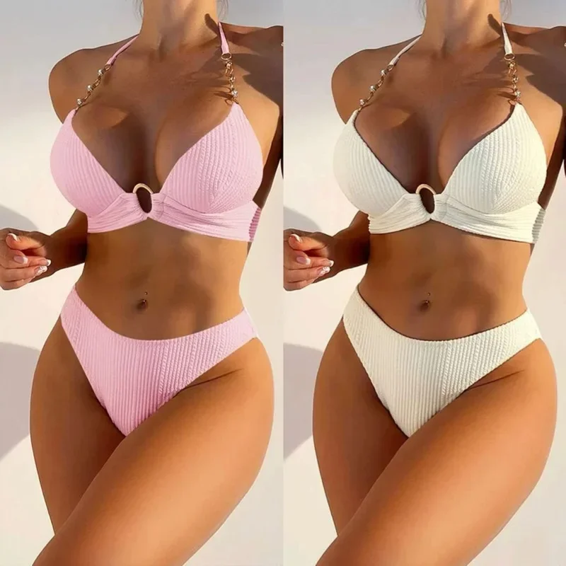 2024 New Sexy Split Solid Color Bikini Striped Pearl Neck Swimsuit