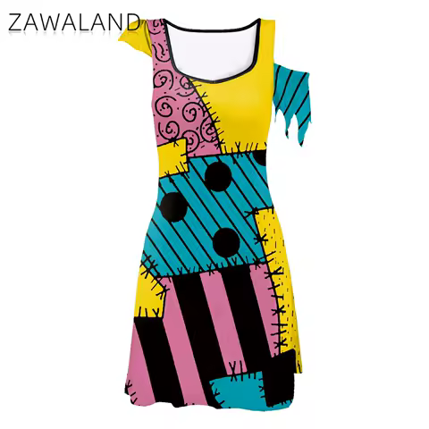 Halloween Sally Cosplay Costume Funny Dress for Women Cosplay Scary Zombie Printing Party Sleeveless Asymmetrical Female Dresses