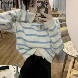 Pullovers Women Blue Striped Simple Schoolgirl Sweet Style Knitting Casual Soft Sweaters Mujer Korean All-match Lady Aesthetic