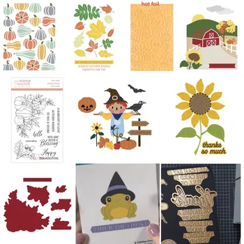 2024 Autumn Sunflower Pumpkins Leaves Crow Metal Cutting Dies Clear Stamps Stencil Hot Foil for Diy Scrapbook Diary Decoration