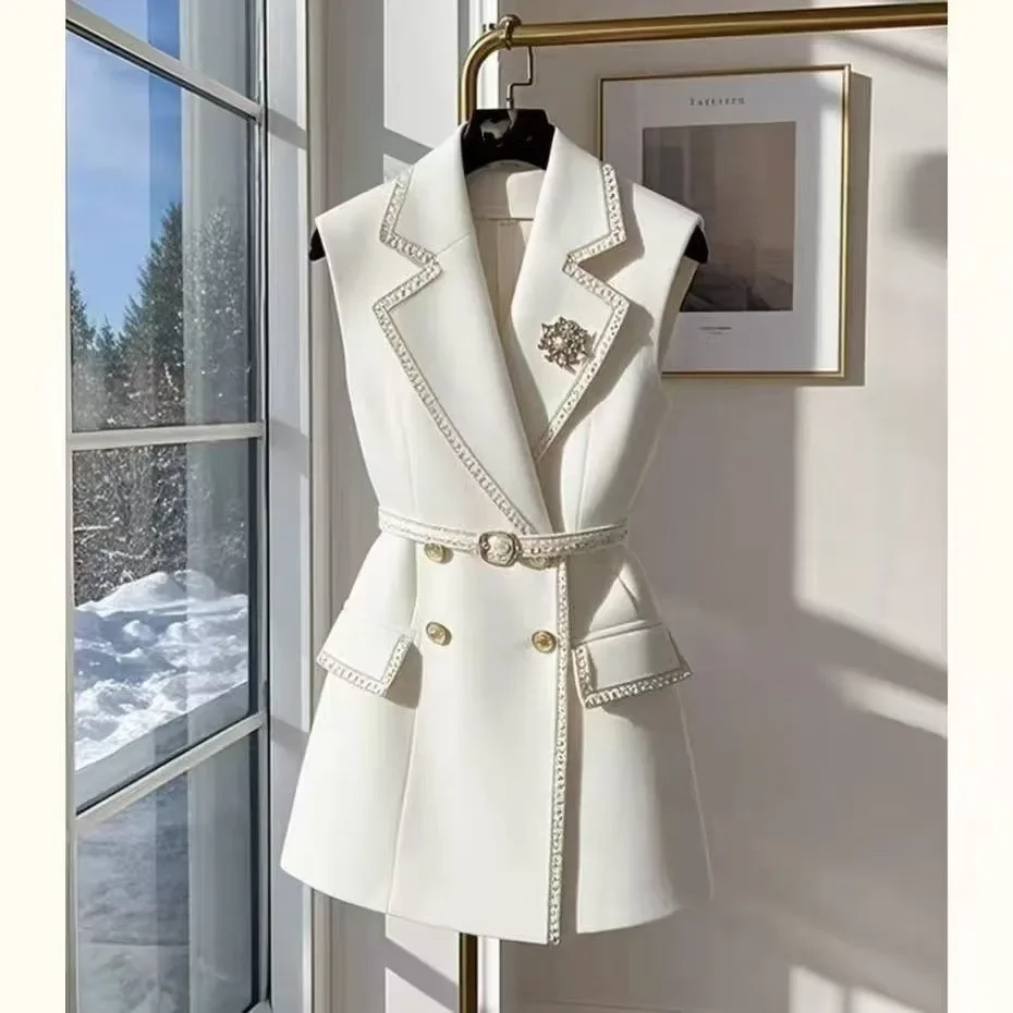 Spring White Jacket Vest for Women Blazers Double Breasted Sleeveless Casual Slim Elegant Office Lady Formal Korean Outerwear