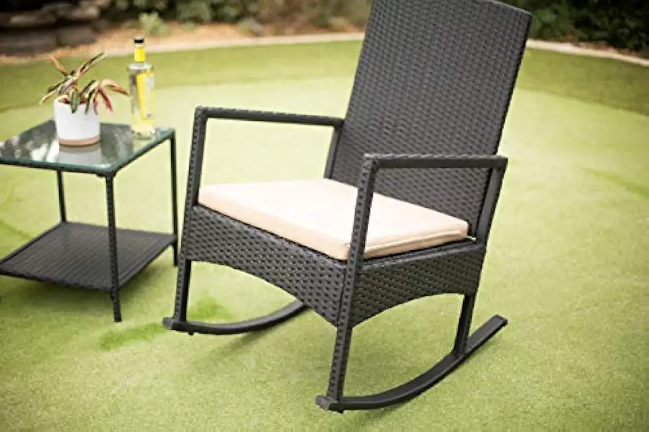 

3pcs Outdoor High-Backrest Rocking Chair w/Cushion Seat Wicker Seating Group w/Glass Coffee Table Set (Black/Beige)