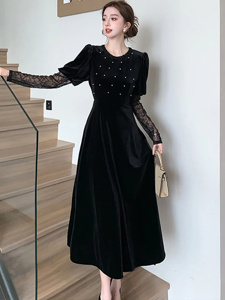 

2025 Black Velvet Beading Patchwork Lace Long Sleeve Dress Women Vintage Luxury Evening Dress Autumn Korean Bodycon Party Dress