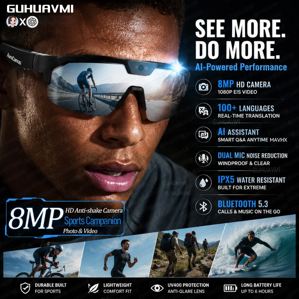 New Smart Glasses with Camera 4K Video Recording UV400 Polarized Voice Assistant & 6-Axis EIS Stabilization Goggles for Cycling