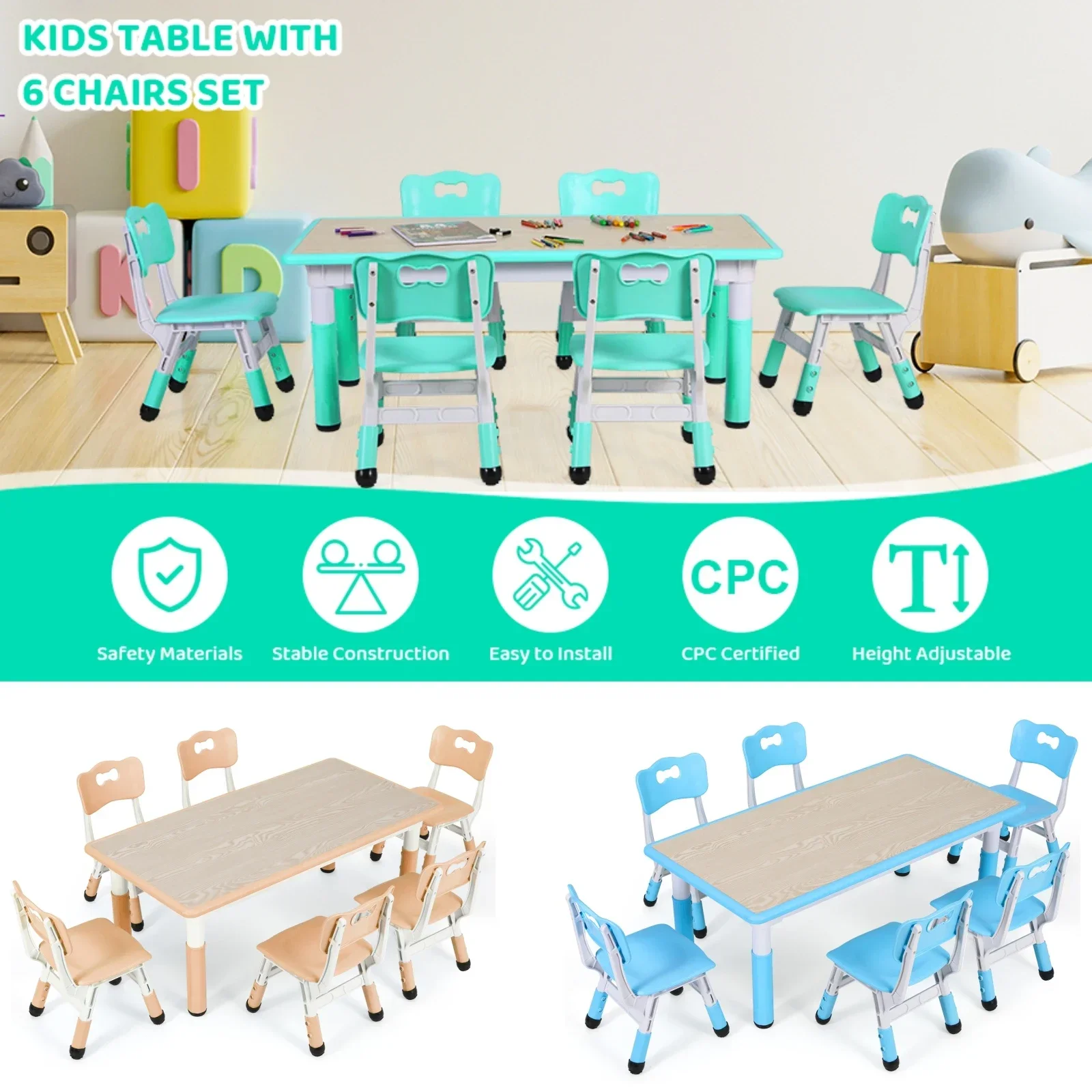 Kids Table and 6 Chairs Set Height Adjustable Toddler Multi-Activity Table Set Study Children's Table and Chair Set