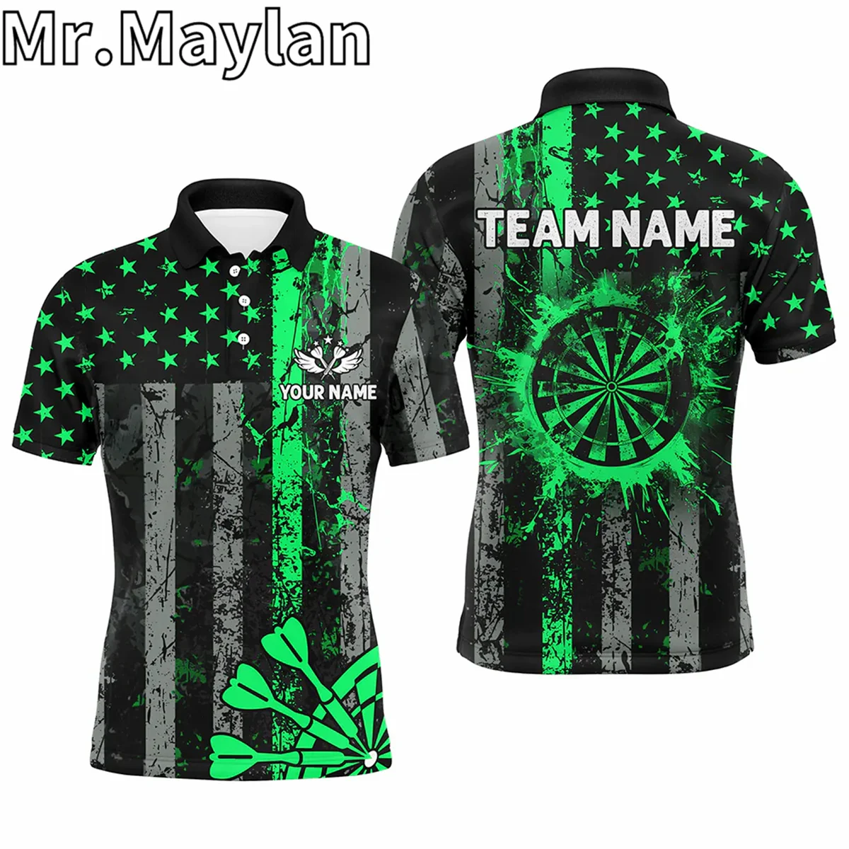 3D Custom Green Grunge US Flag Patriotic Darts Polo Shirt For Men Retro Darts Board Darts Team Jerseys Gifts For Darts Lovers