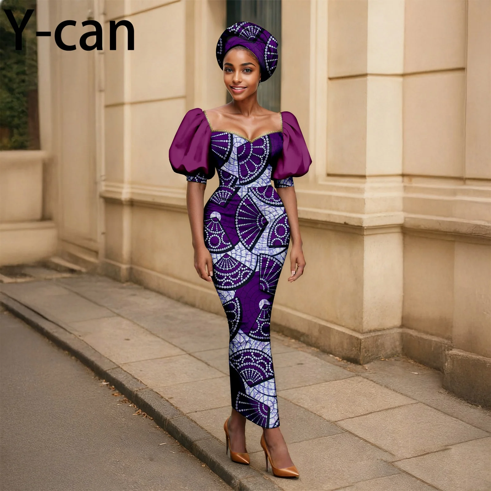 classy ankara dresses for slim ladies Fashion Puff Sleeve Dress with Headscarf best styles for slim ladies