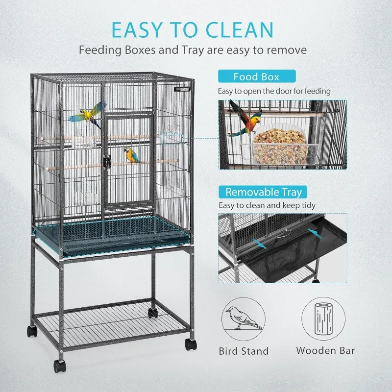 54 Inch Wrought Iron Large Bird Flight Cage with Rolling Stand for Parakeets Canaries Cockatiels Lovebirds Conures, Black