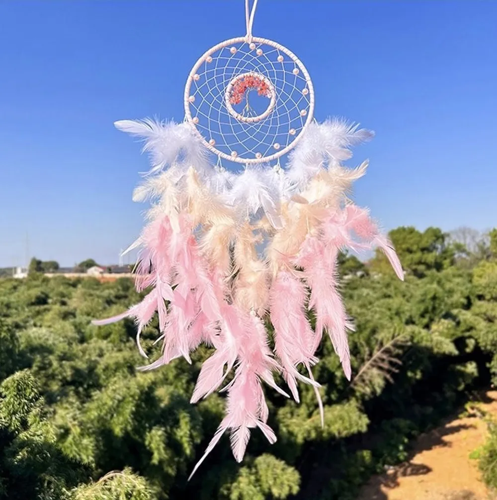 Pink Dreamcatcher Wall Pendant Hand‑Woven Life Tree Decoration Colorful Natural Feather Wall Hanging for Party Bedroom Gift.