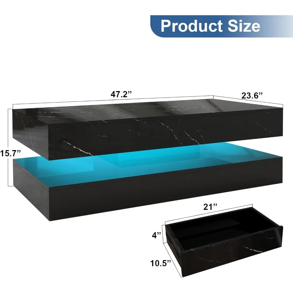 Table basse rectangulaire à 2 niveaux avec lumières LED, table centrale moderne noire brillante avec 20 couleurs, 2 égouts de proximité de stockage