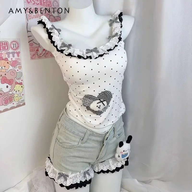 

Original Summer Cute Polka Dot Bow Lace with Chest Pad Suspender Skirt Suit For Women