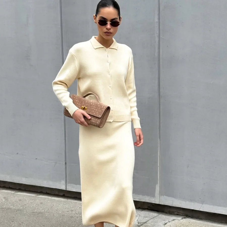 Two-piece Fashionable Button Up Cardigan Long Sleeved Top and Skirt Set Suitable for Daily Commuting