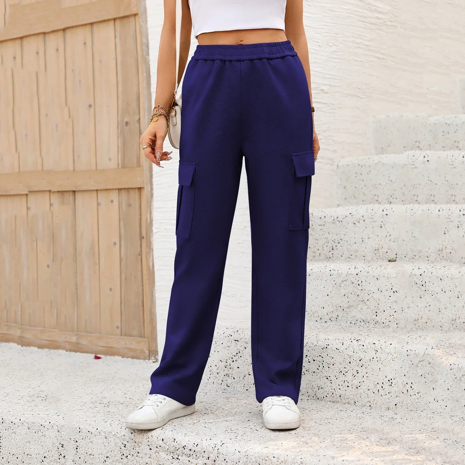 

Women'S Cotton Overalls Women'S Stylish Casual High Waist Trousers Solid Color Overalls Pocket Sports Sweatpants Ropa De Mujer