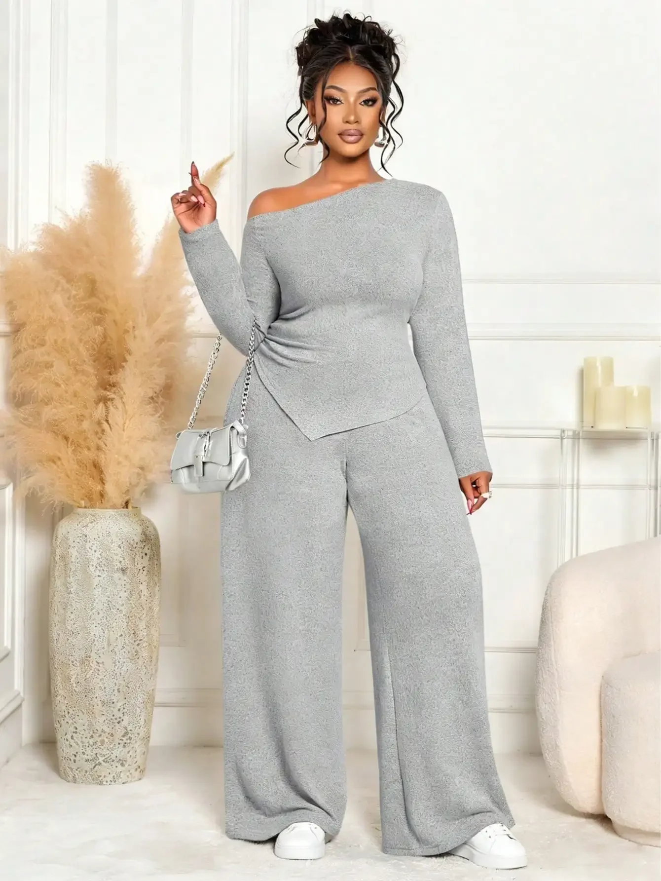 

Plus Size Women Asymmetric Off Shoulder Top And Wide Leg Pants Set Casual