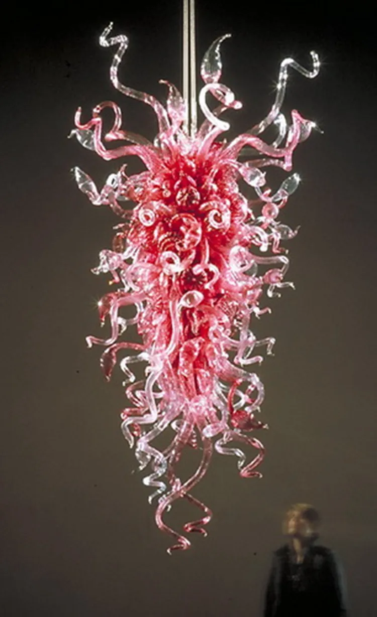 Modern Pink Glass Chandelier Lamp Living Room Hanging LED Hand Blown Glass Pendant Lighting 120cm