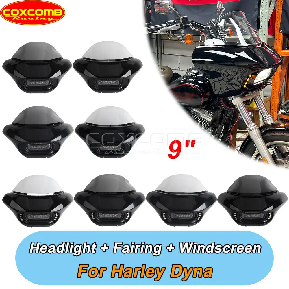 For Harley Dyna Super Glide FXD FXDC FXDCI Wide Glide FXDWG FXDWGI Front Mask Fairing LED Headlight DRL Turn Signal Windshield