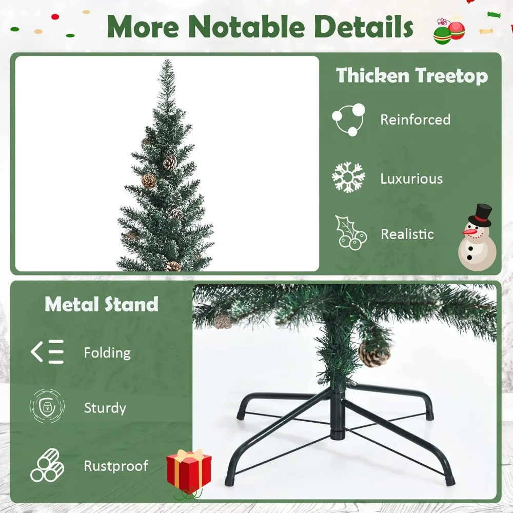 شجرة عيد الميلاد الاصطناعية رفيعة بطول 7 أقدام مع 351 أطراف فرعية و41 مخروطًا من الصنوبر، ديكور احتفالي ثلجي للاحتفال بالعطلات #5