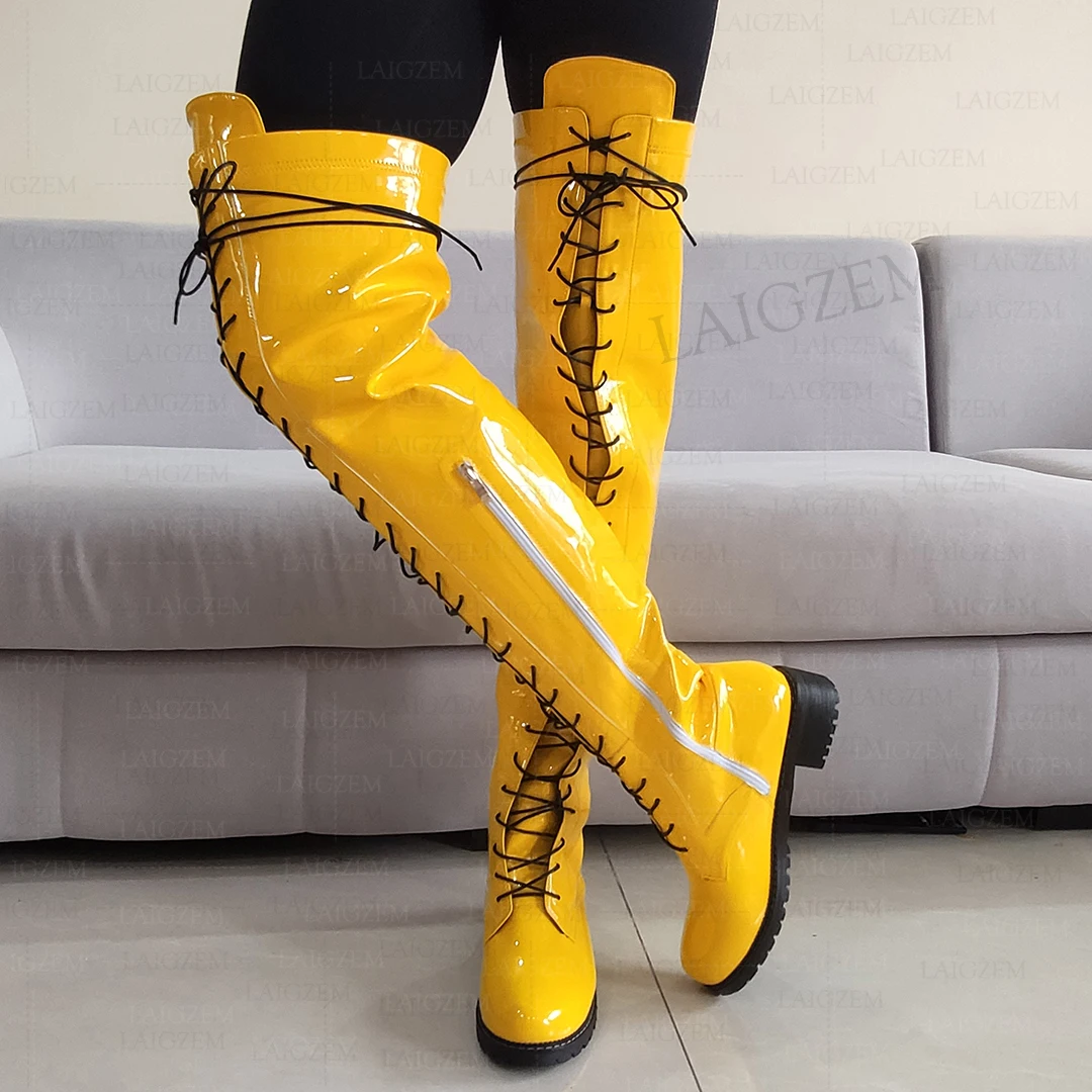 LAIGZEM Women Thigh Boots Shiny Side Zip Round Toe Square Heels Boots Over Knee Unisex Female Shoes Woman Big Size 33 41 46 50