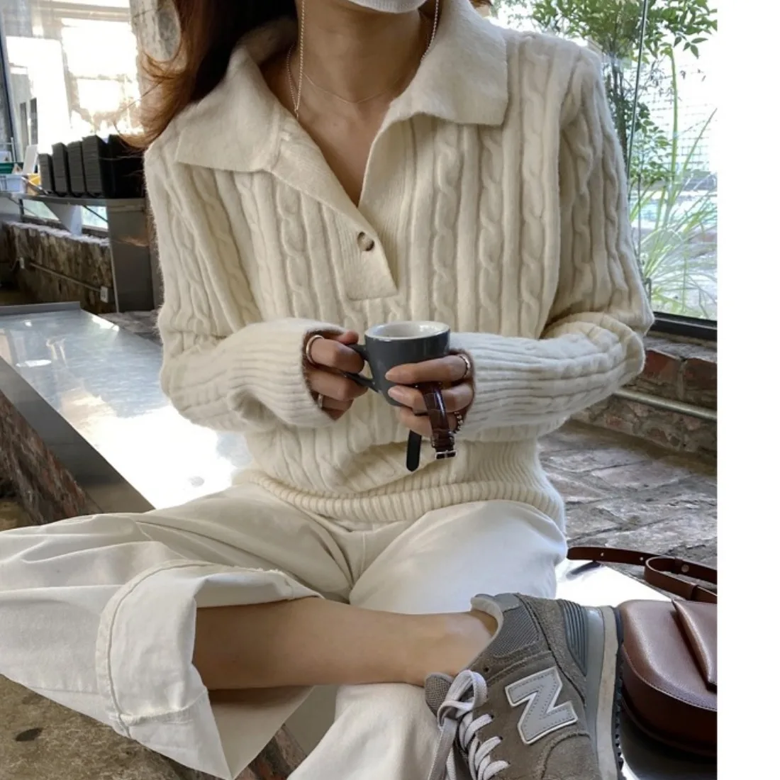 

Ladies' Lazy Sle Knitted Sweater Collar Loose Loose Striped Overhead High-End Feeling Long Sve Warmth Autumn Faion