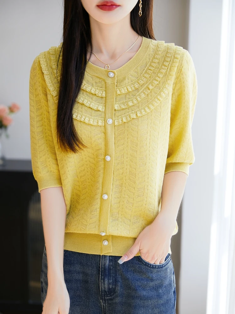 Primavera Estate New Sle T-shirt ort Sve lavorata a maglia leggera e traspirante da donna Design scavato rotondo Ne Casual Pendolarismo Fas...