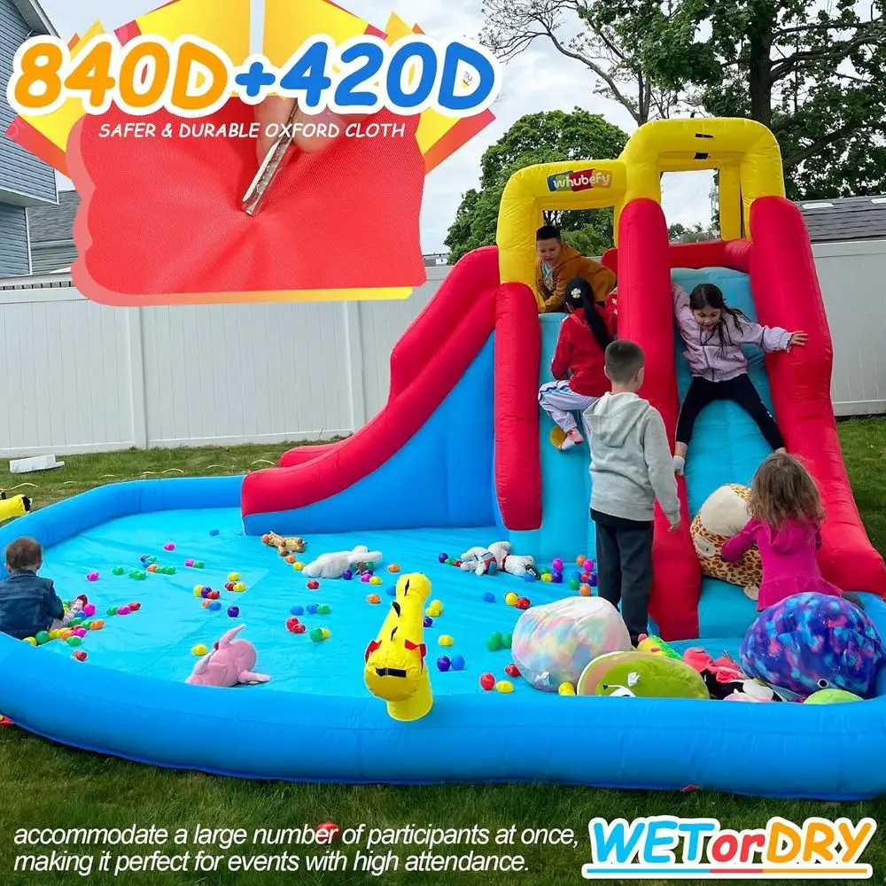 Nadmuchiwana zjeżdżalnia wodna dla dzieci na podwórko, park wodny 12w1 z dmuchawą 520W, ścianą do wspinaczki, basenem do zabawy i 2 pistoletami na wodę.