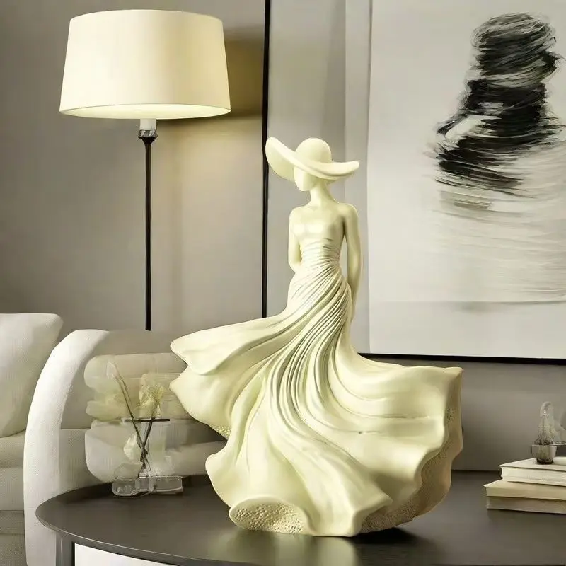 Abstract Woman Statue Resin Art Sculpture for Living Room Mantel Shelf Decor , Modern Female High End Figurine ,Cream Style