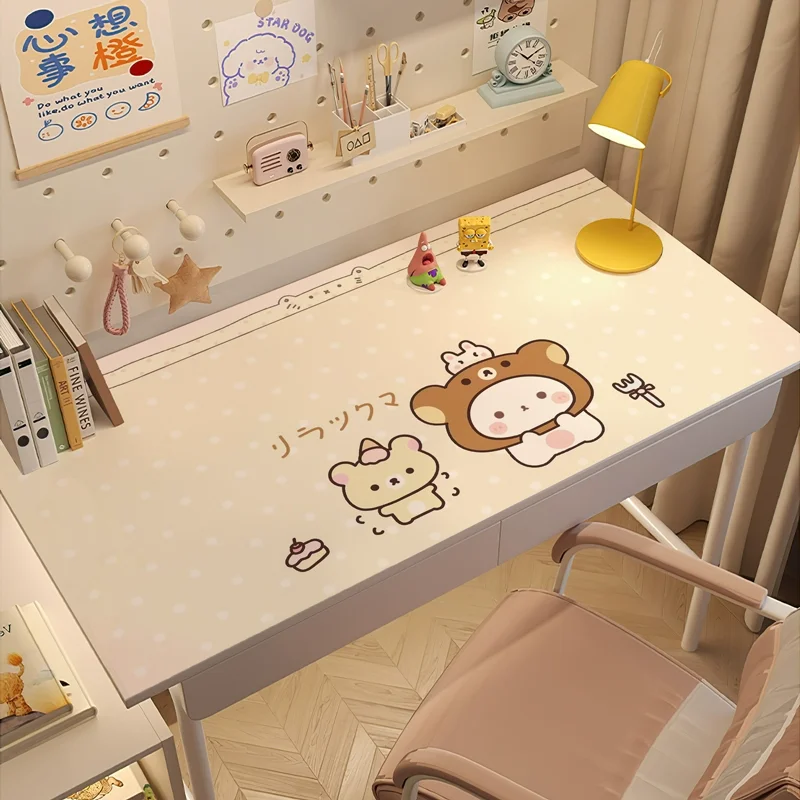 Kawaii Rilakkuma Cartoon PU Leather Desk Mat | Creative Waterproof Dining Table Pad for Student Dorm, Cute Study Desk Protector