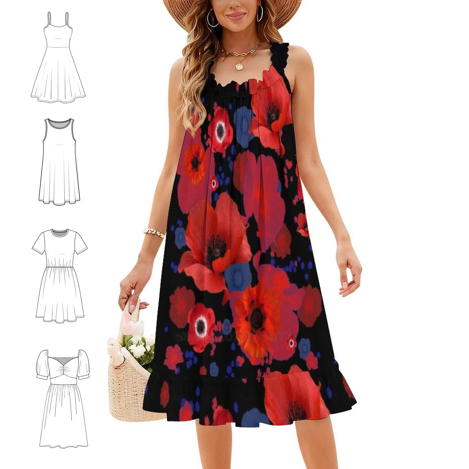 The Poppies Preppy Style Mini Dress For Women A-Line Loose Fit Casual Day Dress Floral Flowers Poppies Red Black Blue Evening