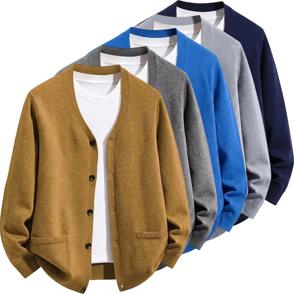 Men's V-Neck Knit Sweater Jackets Casual Button Down Long Sleeve Warm Cardigan Coat Winter Loose Fit Sweatshirts with Pockets