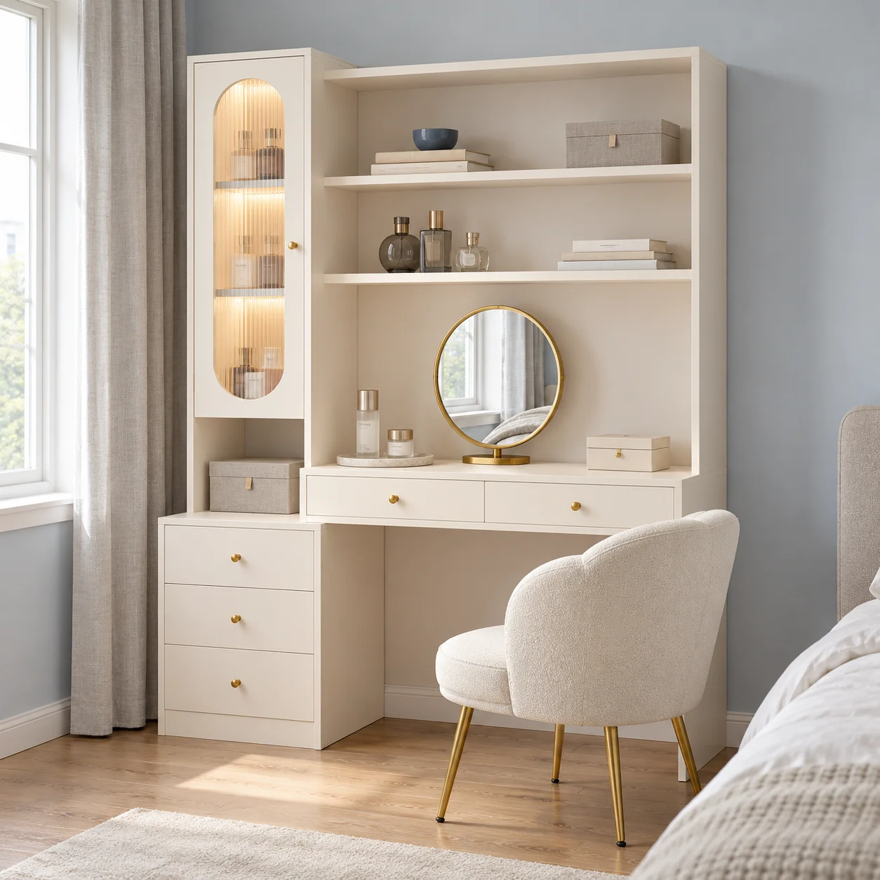 ju- Custom Modern Makeup Vanity Dressing Table with LED Mirror Drawers Storage Cabinet Bedroom Furnitu