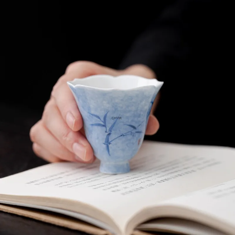 

Hand Drawn Bamboo Petals Fragrance Cup Home Ceramic Single Cup High Footed Tea Cup Tea Tasting Cup Kung Fu Tea Set