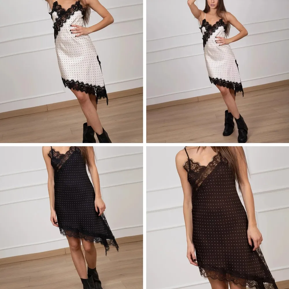 

Vintage Polka Dot Patchwork Lace Midi Dress - Sexy V-Neck Sleeveless High Waist Party Dress (Characters: 78)
