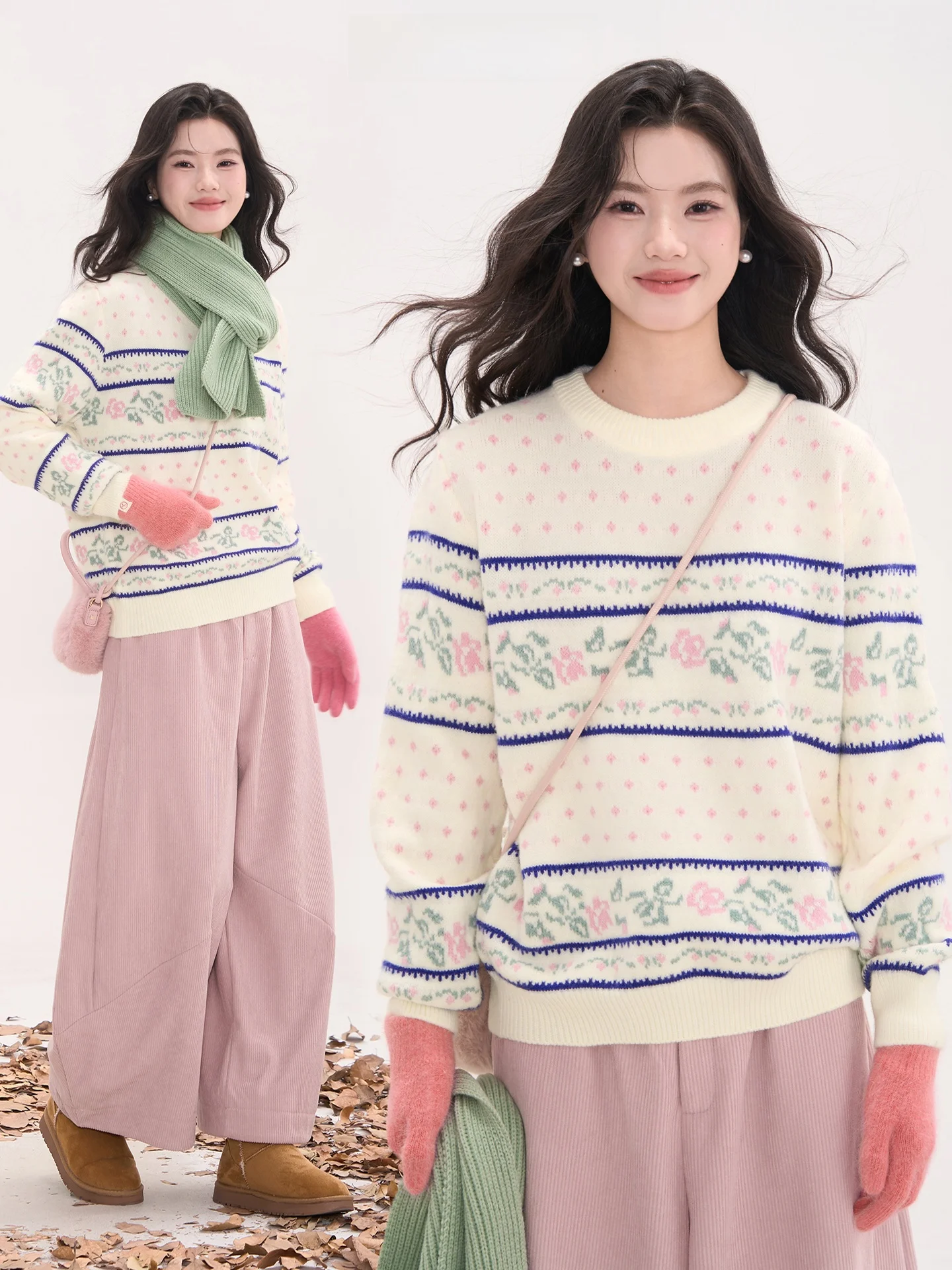 

Корейский вязаный свитер с цветочным узором и круглым вырезом для женщин, весенне-осенний винтажный топ от Heme Flower Field Window