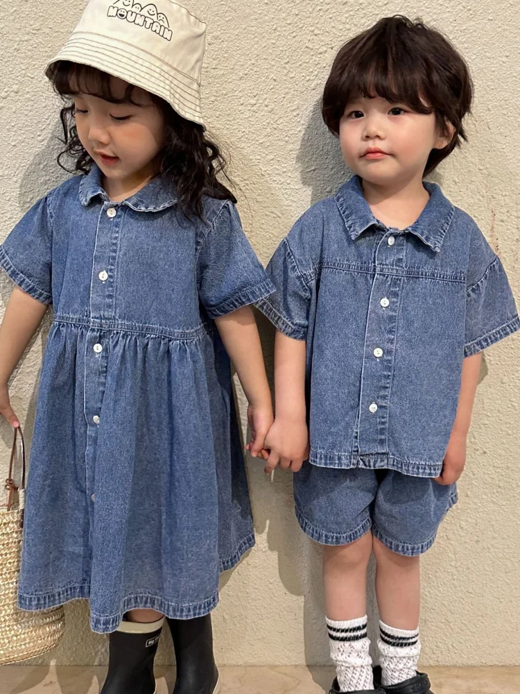 Children\'s Summer Denim Set Boys\' 2024 New Baby Short Sleeve Summer Dress Girls\' Dress Siblings\' 80-150cm Cute Korean Fashion