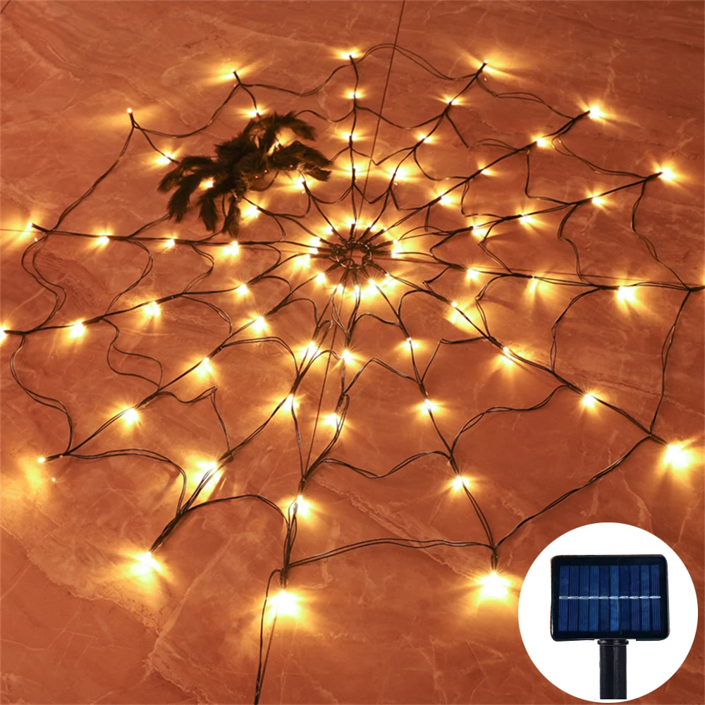 

Solar Halloween LED Spider Web Lights Waterproof Black Spider Net Lights Halloween Purple String Light Outdoor Home Party Decor