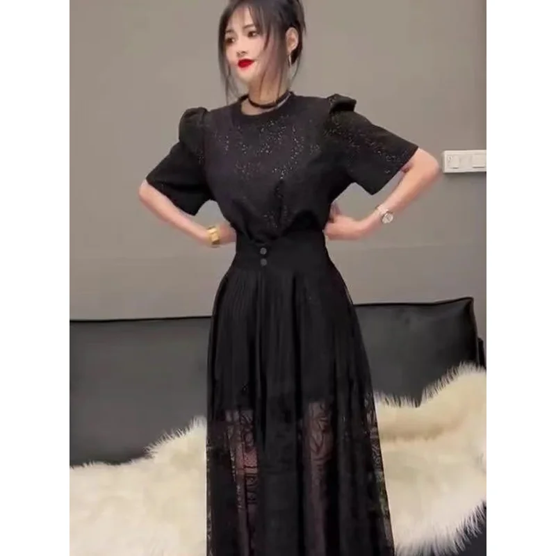 Korean Style Pure Color Bubble Sleeve Short Sleeve Dress High Waist   Skirt Two Piece Set Women Summer New Arrival