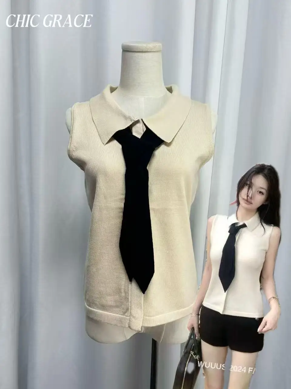

Women's Chic Sleeveless Polo Collar Knit Vest Top with Detachable Necktie | Elegant Button-Up Tank for Casual/Office