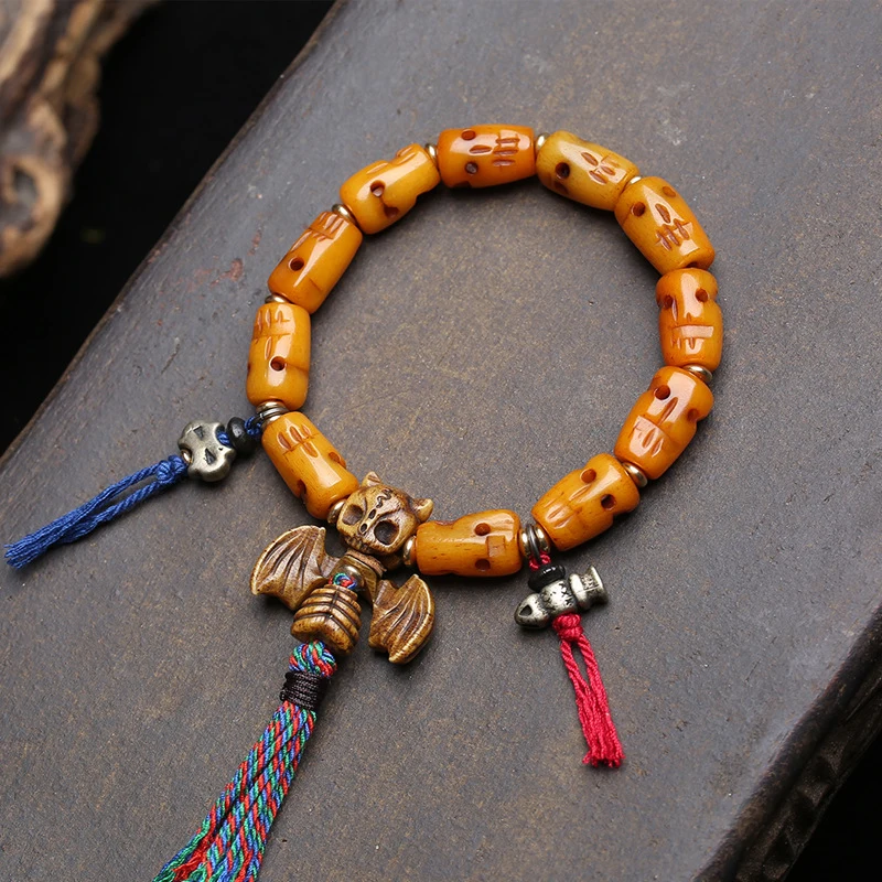 Tibetan-Style Yak Bone Hollow Bead Bracelet With Three-Way Connector And Buddhist Beads