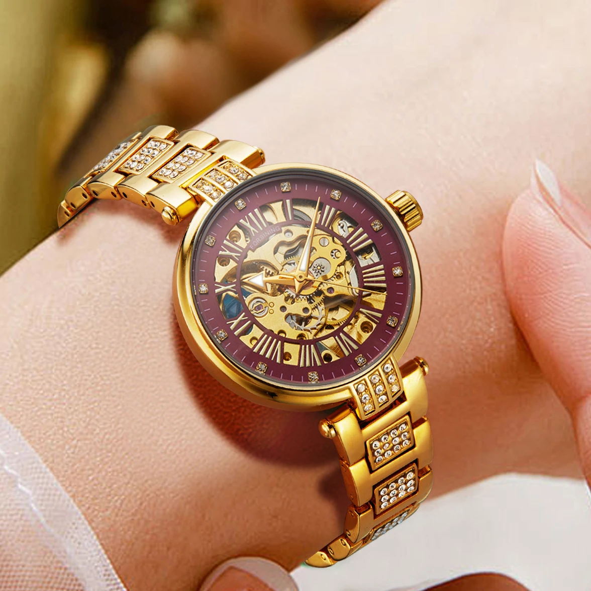 Fashion 2026 FORSINING Diamond Woman Watch Automatic Movement Elegant Women's Stainless Steel Skeleton Gold Luxury Wristwatch