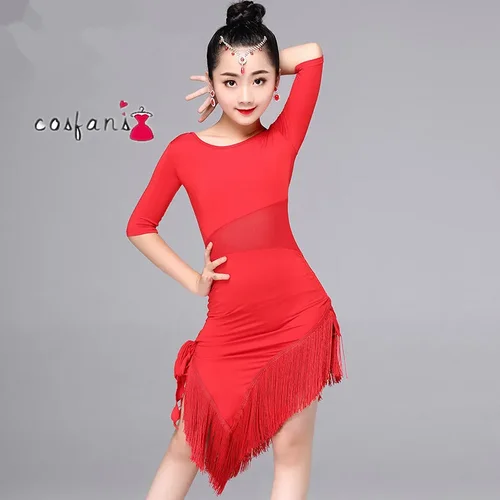 Imagen 2 del producto 1 unids/lote, vestido de baile latino para niñas, ropa de baile latino con flecos, disfraz de Salsa, vestidos de actuación de Tango de salón negro y rojo