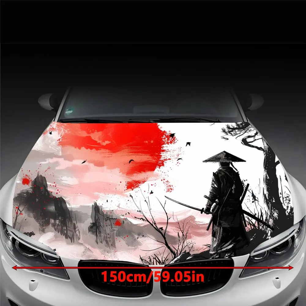 Samurai Red Sun Mountain Scenery Print Car Hood Wrap Color Vinyl Sticker Truck Graphic Bonnet DIY Auto Accessories Decor Decal