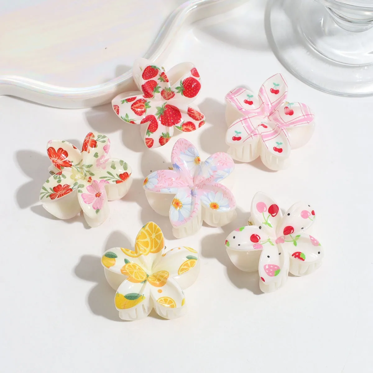 3pcs Cute Fashion Colorful Fruit Flower Print Egg Flower Women Plastic Grab Clip Small Fresh Playful Ponytail Hair Accessory