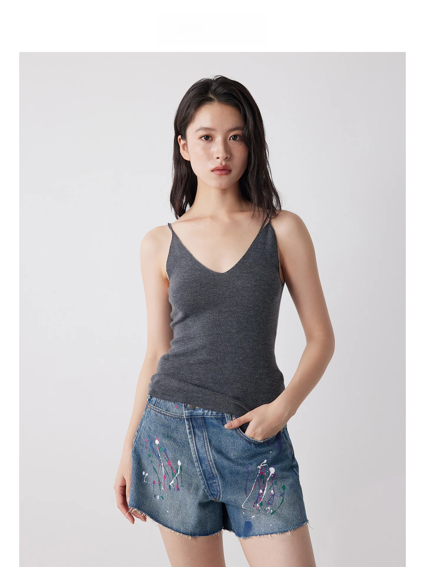 

Женский жилет ручной работы из 100% шерсти с бретельками, повседневный, комфортный, мягкий на ощупь, с глубоким V-образным вырезом, плоская вязка, топ-жилет