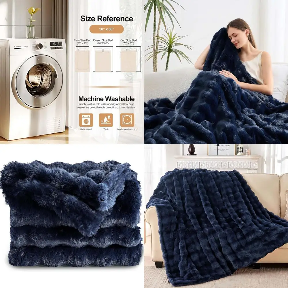

Elegant Plush Rabbit Fur-Like Throw Blanket, Soft and Warm for Bed, Sofa, or Couch (50 x 60, Blue)